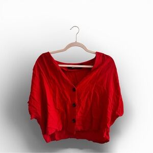 Red Button-Up Women's Crop Top Blouse